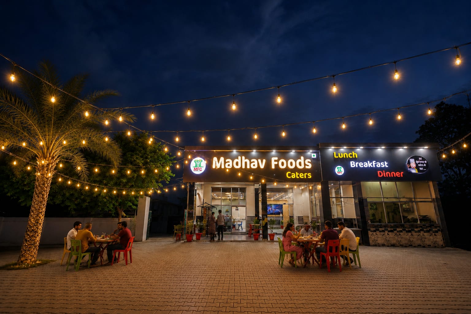 Madhav Food Caters restaurant at night